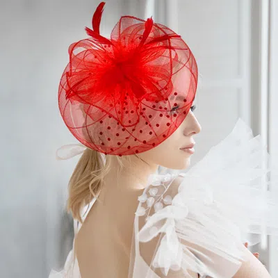 Fashnzfab Bow Feather Mesh Flower Fascinator / Headband In Red