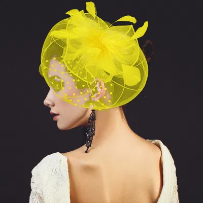 Fashnzfab Bow Feather Mesh Flower Fascinator / Headband In Yellow