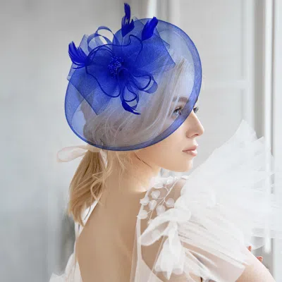 Fashnzfab Bow Flower Feather Mesh Fascinator / Headband In Blue