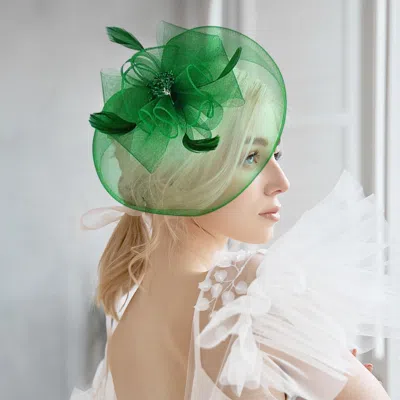 Fashnzfab Bow Flower Feather Mesh Fascinator / Headband In Green