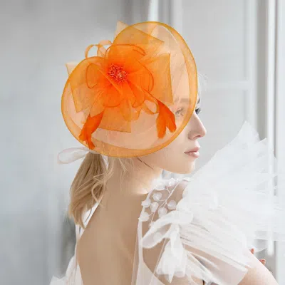 Fashnzfab Bow Flower Feather Mesh Fascinator / Headband In Orange