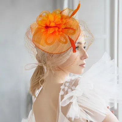 Fashnzfab Bow Flower Feather Mesh Fascinator / Headband In Orange