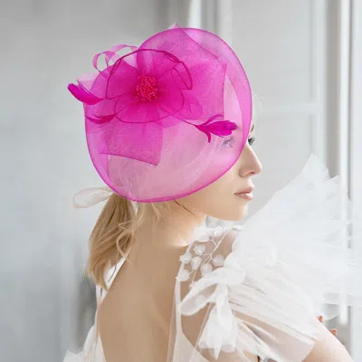 Fashnzfab Bow Flower Feather Mesh Fascinator / Headband In Pink