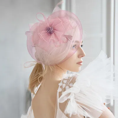 Fashnzfab Bow Flower Feather Mesh Fascinator / Headband In Pink