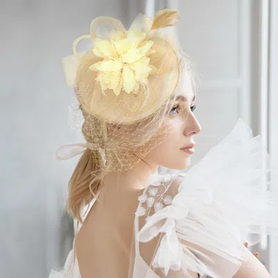 Fashnzfab Bow Flower Feather Mesh Fascinator / Headband In Sand