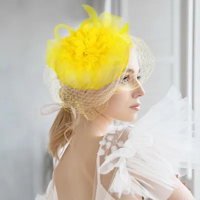 Fashnzfab Bow Flower Feather Mesh Fascinator / Headband In Yellow