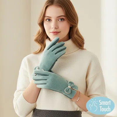 Fashnzfab Bow Knot Trim Accent Soft Boucle Texture Smart Touch Winter Gloves In Blue