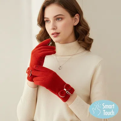 Fashnzfab Bow Knot Trim Accent Soft Boucle Texture Smart Touch Winter Gloves In Red