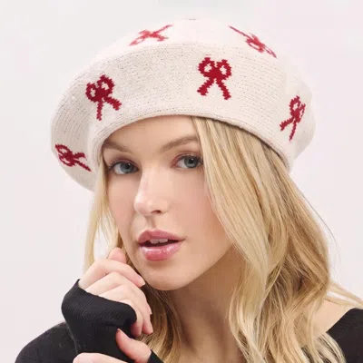 Fashnzfab Bow Pattern Knit Winter Beret Hat In Beige
