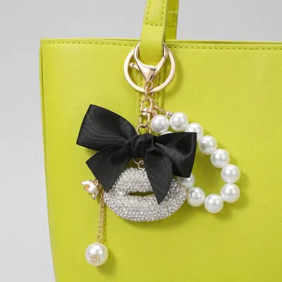 Fashnzfab Bow Pearl Accent Bling Studded Lips Eiffel Tower Charm Drop Keychain Bag Charm In Multi