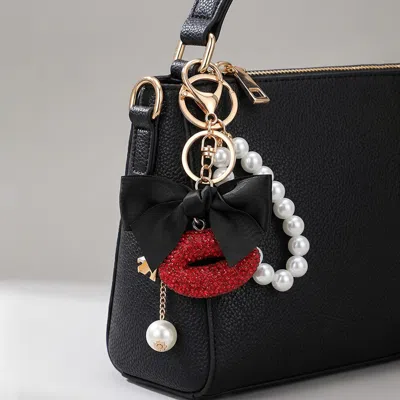 Fashnzfab Bow Pearl Accent Bling Studded Lips Eiffel Tower Charm Drop Keychain Bag Charm In Red