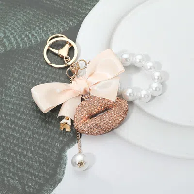 Fashnzfab Bow Pearl Accent Bling Studded Lips Eiffel Tower Charm Drop Keychain Bag Charm In Yellow