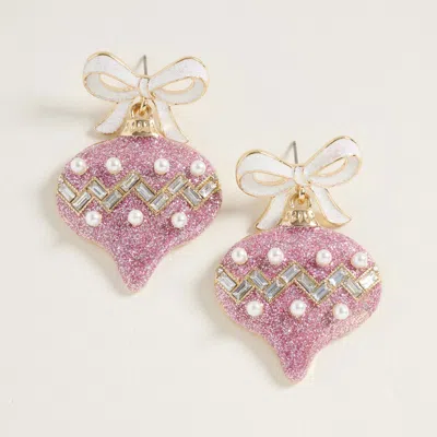 Fashnzfab Bow Pearl Accent Holiday Ornament Dangle Earrings - Light, Pink