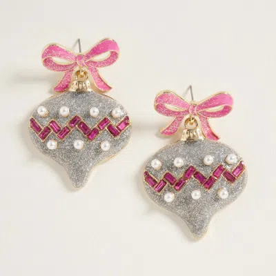 Fashnzfab Bow Pearl Accent Holiday Ornament Dangle Earrings In Silver
