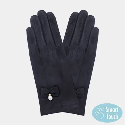 Fashnzfab Bow Pearl Dangle Pointed Faux Suede Smart Touch Gloves In Black