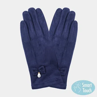 Fashnzfab Bow Pearl Dangle Pointed Faux Suede Smart Touch Gloves In Blue