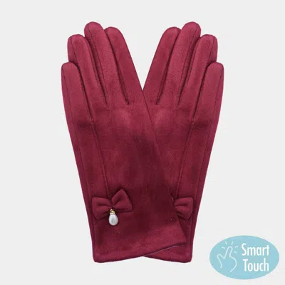 Fashnzfab Bow Pearl Dangle Pointed Faux Suede Smart Touch Gloves In Red