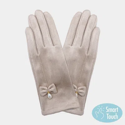 Fashnzfab Bow Pearl Dangle Pointed Faux Suede Smart Touch Gloves In Gray