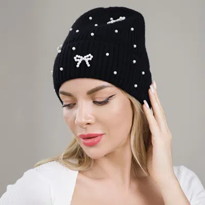 Fashnzfab Bow Pearl Embellished Knitted Winter Beanie Hat In Black
