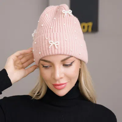 Fashnzfab Bow Pearl Embellished Knitted Winter Beanie Hat In Pink