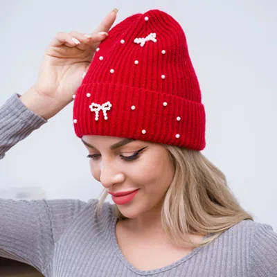 Fashnzfab Bow Pearl Embellished Knitted Winter Beanie Hat In Red