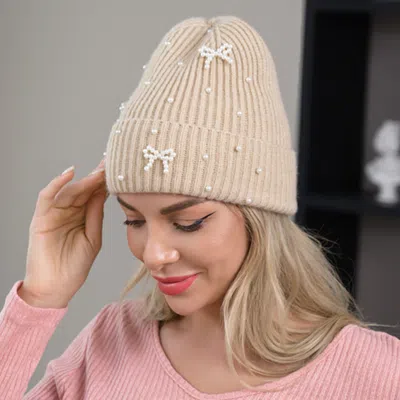 Fashnzfab Bow Pearl Embellished Knitted Winter Beanie Hat In Sand