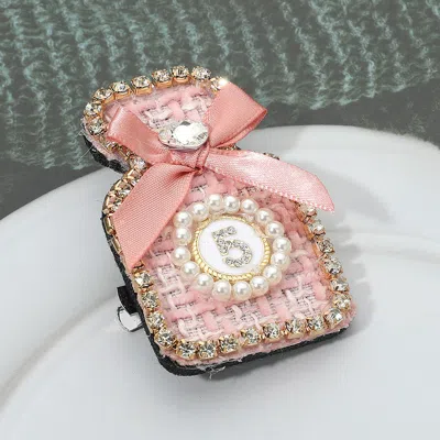 Fashnzfab Bow Pearl Rim Number Five Accent Tweed Perfume Bottle Pin Brooch Hair Clip In Multi