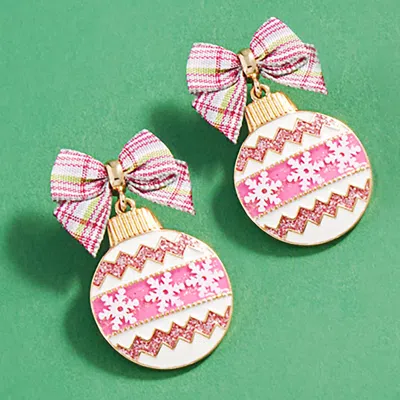 Fashnzfab Bow Pointed Enamel Christmas Ornament Dangle Earrings In Pink