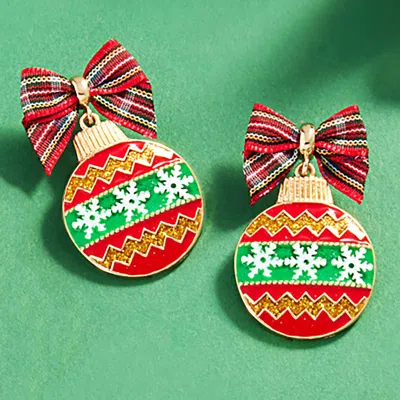 Fashnzfab Bow Pointed Enamel Christmas Ornament Dangle Earrings In Silver