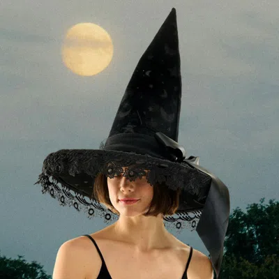 Fashnzfab Bow Pointed Flower Lace Around Halloween Witch Hat In Black