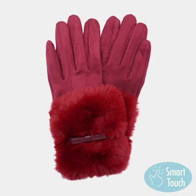 Fashnzfab Bow Pointed Fuzzy Fur Collar Suede Smart Touch Gloves In Pink