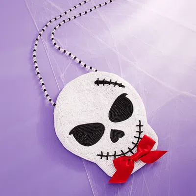Fashnzfab Bow Pointed Halloween Skull Beaded Mini Crossbody Bag In White