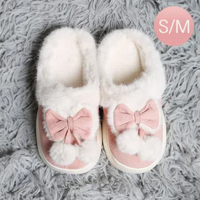 Fashnzfab Bow Pom Pom Pointed Faux Suede Indoor Floor Slippers Pink S/m