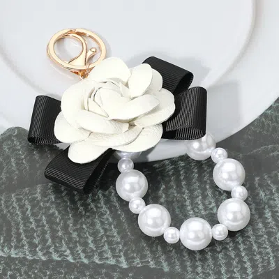 Fashnzfab Bow Rose Pointed Pearl Chain Link Keychain / Bag Charm In Silver