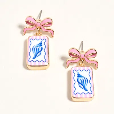 Fashnzfab Bow Shell Print Rectangle Frame Drop Earrings In Gold