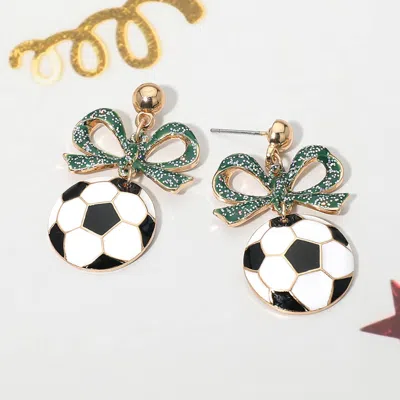 Fashnzfab Bow Soccer Ball Drop Dangle Earrings In Green