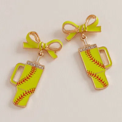 Fashnzfab Bow Softball Themed Tumbler Dangle Earrings In Green