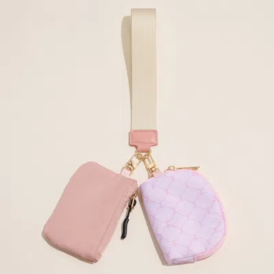 Fashnzfab Bow Stripe Compact Dual Pouch With Strap In Pink