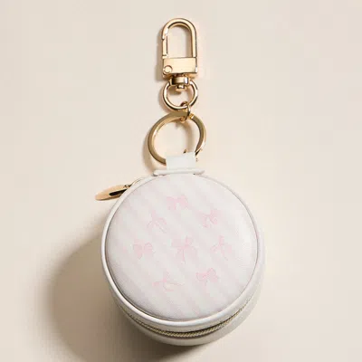 Fashnzfab Bow Striped Pattern Printed Round Shaped Jewelry Case Keychain Bag Charm In White