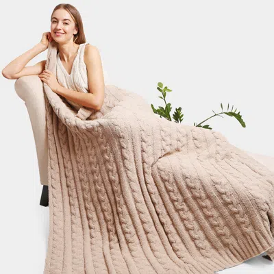 Fashnzfab Braided Cable Knit Throw Blanket In Neutral