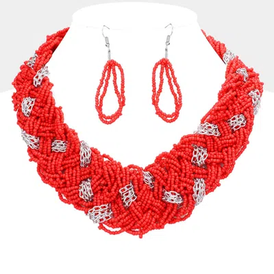 Fashnzfab Braided Metal Chain Seed Beaded Necklace In Red