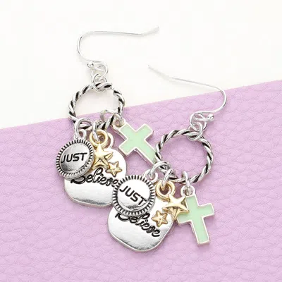 Fashnzfab Braided Open Circle Just Believe Enamel Cross Dangle Earrings - Two Tone In Metallic