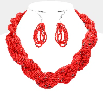 Fashnzfab Braided Seed Beaded Necklace In Red