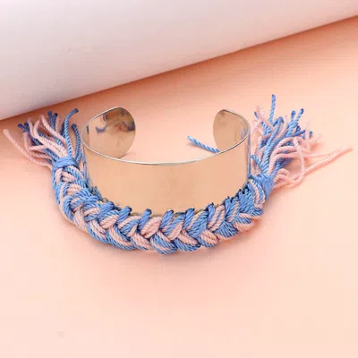 Fashnzfab Braided Thread Tassel Drop Metal Cuff Bracelet In Blue