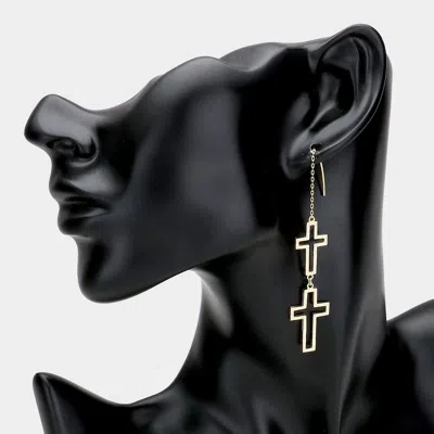 Fashnzfab Brass Double Open Metal Cross Link Threader Earrings In Black