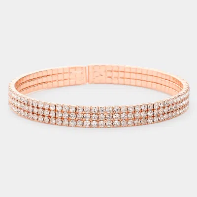 Fashnzfab Brass Metal 3rows Rhinestone Cuff Bracelet Rose Gold In Multi
