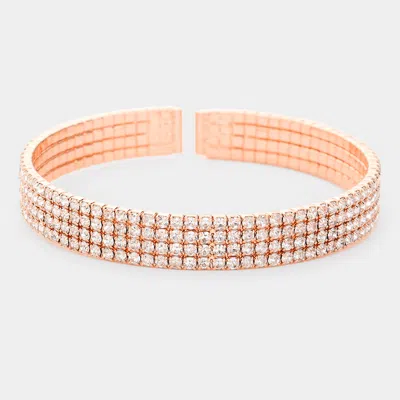Fashnzfab Brass Metal 4rows Rhinestone Cuff Bracelet Clear, Rose Gold In Multi