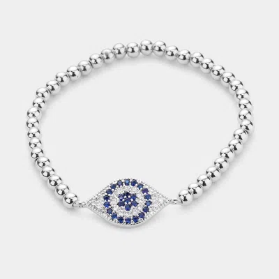 Fashnzfab Brass Metal Ball Cz Evil Eye Charm Stretch Bracelet In Silver