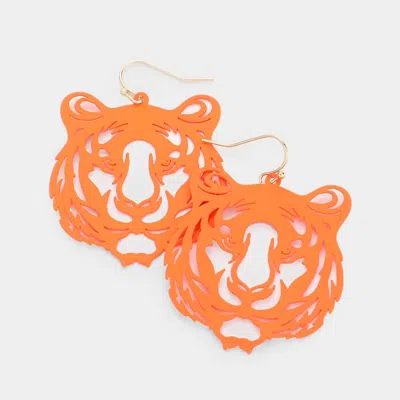 Fashnzfab Brass Metal Cut Out Tiger Dangle Earrings In Orange