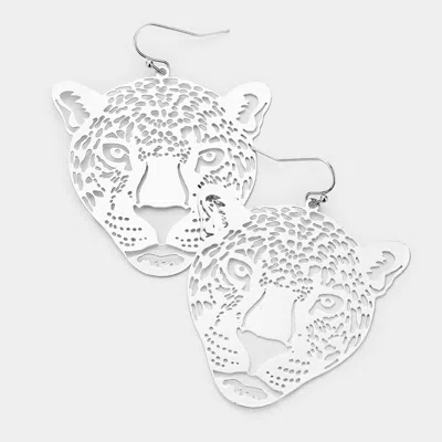Fashnzfab Brass Metal Cutout Leopard Dangle Earrings - Rhodium In Silver